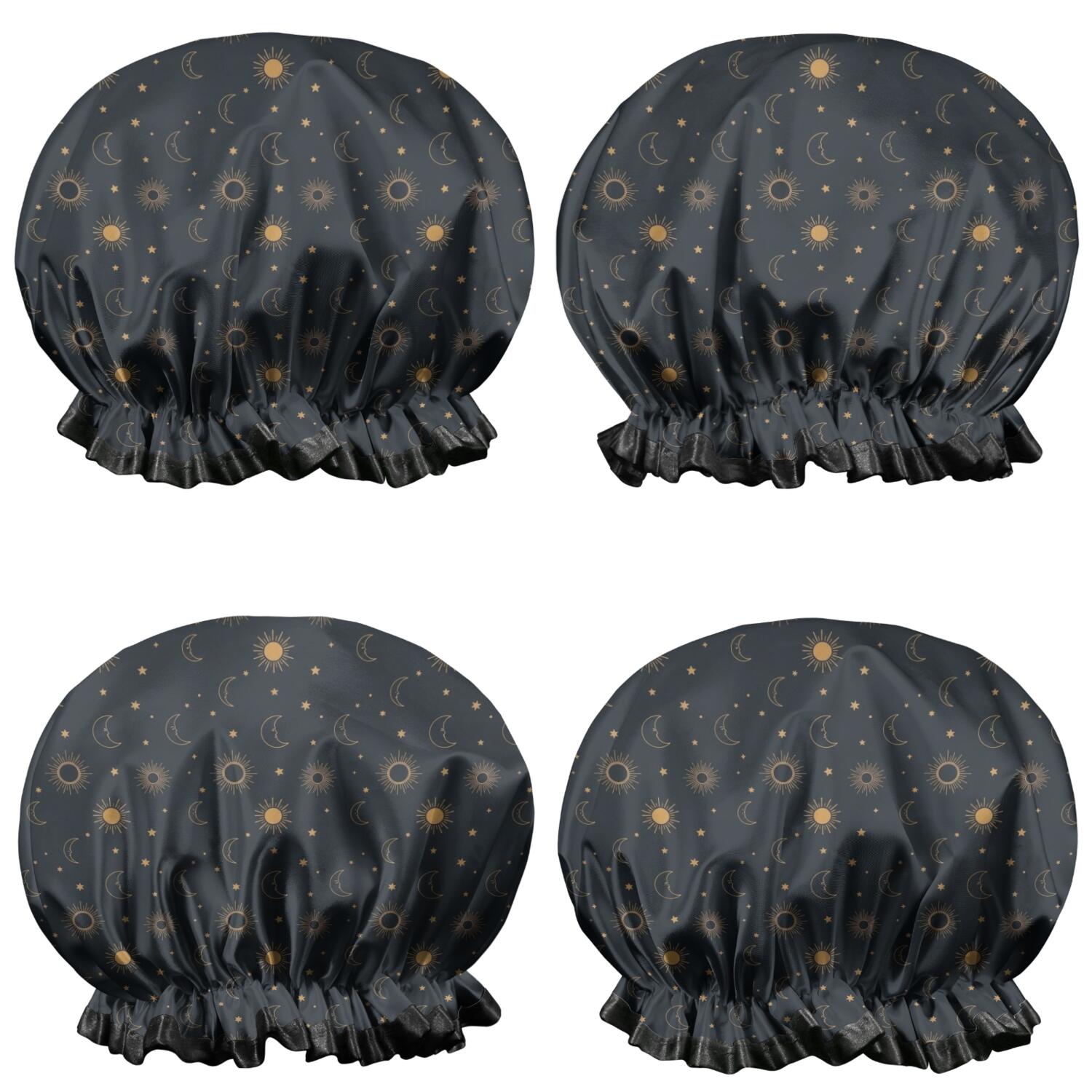 Shower Caps,Dark Blue Sun Moon Pattern Waterproof Shower Cap for Women 4 Pieces,Double Reusable Hair Cover for Shower PEVA Elastic Stretch Hem