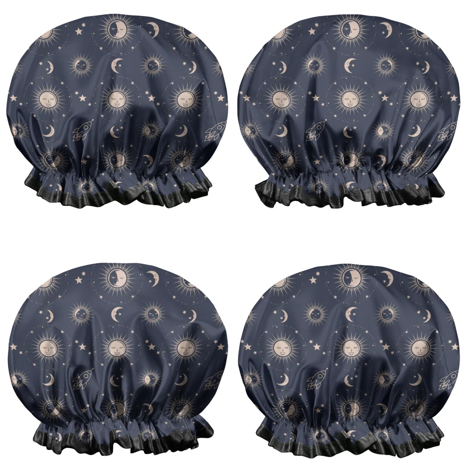 Shower Caps,Dark Blue Sun Moon Rocket Pattern Waterproof Shower Cap for Women 4 Pieces,Double Reusable Hair Cover for Shower PEVA Elastic Stretch Hem