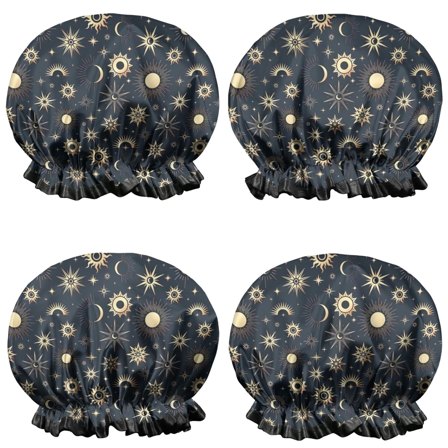 Shower Caps,Dark Blue Sun Moon Star Pattern Waterproof Shower Cap for Women 4 Pieces,Double Reusable Hair Cover for Shower PEVA Elastic Stretch Hem