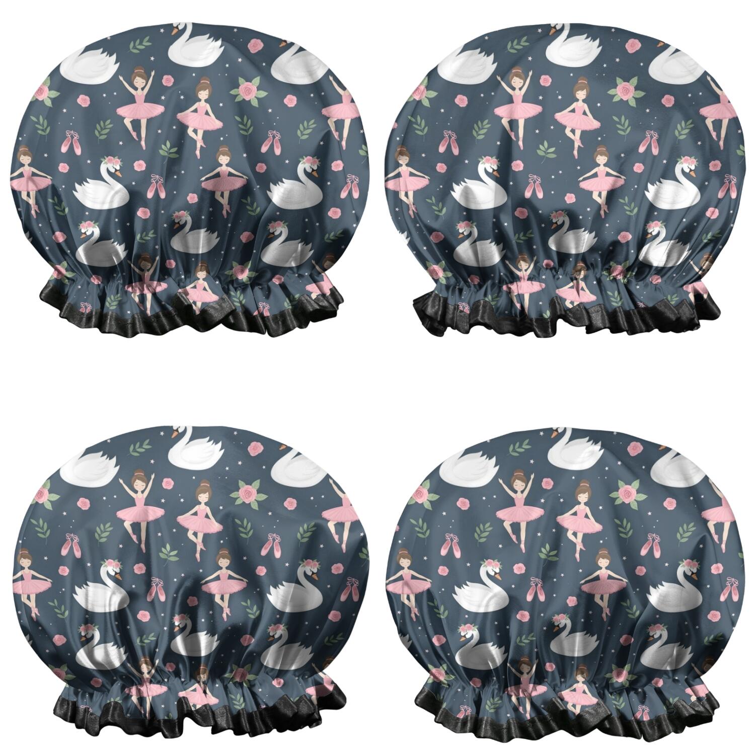 Shower Caps,Dark Blue Swan Ballerina Pattern Waterproof Shower Cap for Women 4 Pieces,Double Reusable Hair Cover for Shower PEVA Elastic Stretch Hem