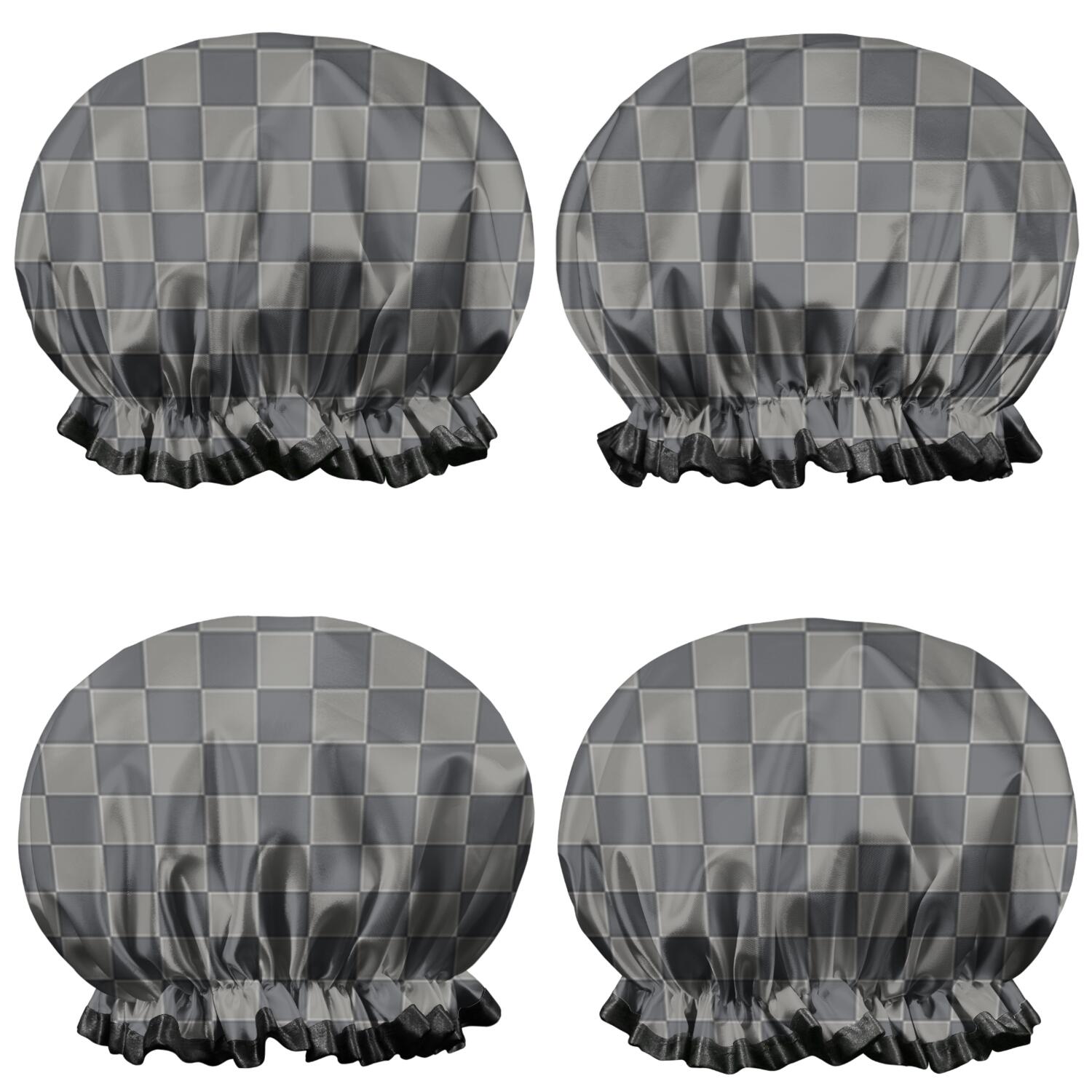 Shower Caps,Dark Gray and Light Gray Checkered Pattern Waterproof Shower Cap for Women 4 Pieces,Double Reusable Hair Cover for Shower PEVA Elastic Stretch Hem