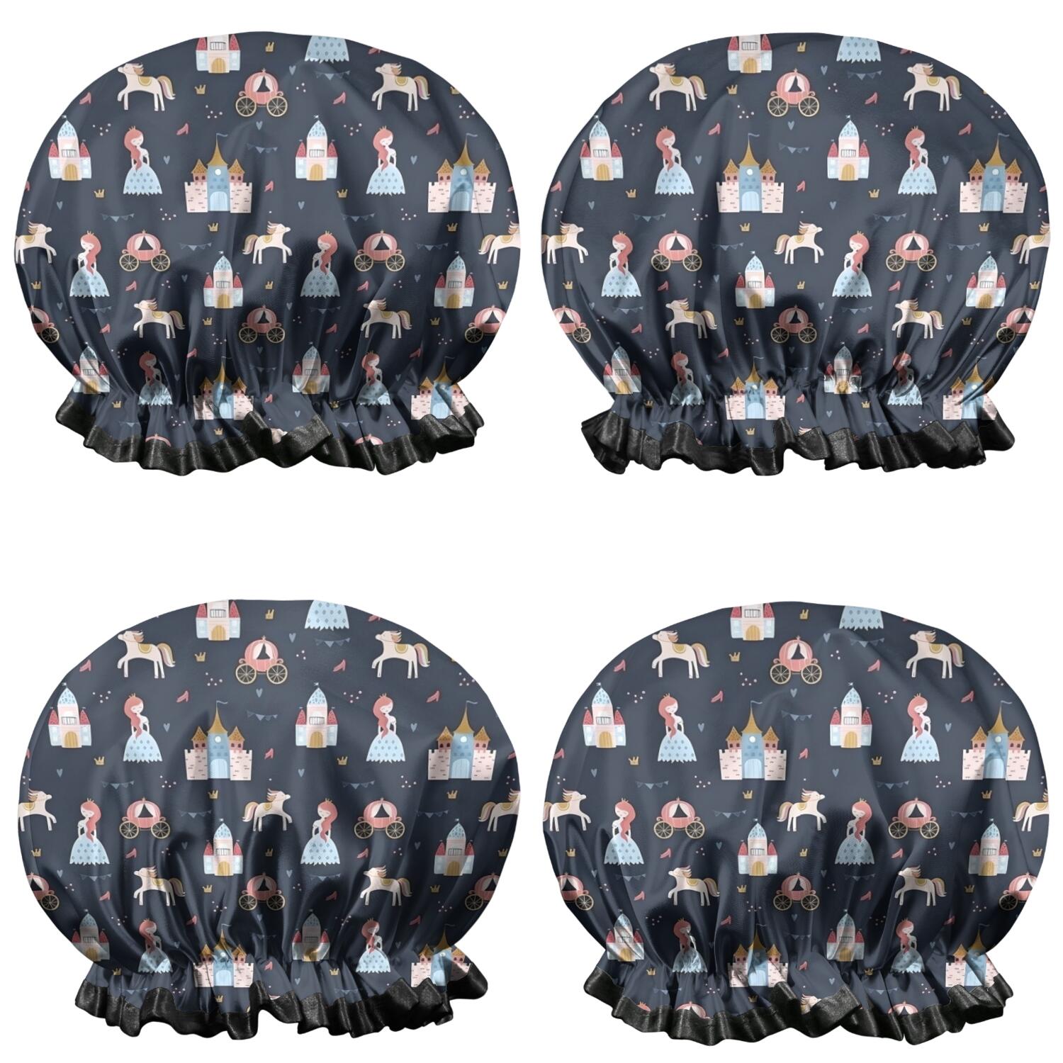 Shower Caps,Dark Princess Castle Pattern Waterproof Shower Cap for Women 4 Pieces,Double Reusable Hair Cover for Shower PEVA Elastic Stretch Hem