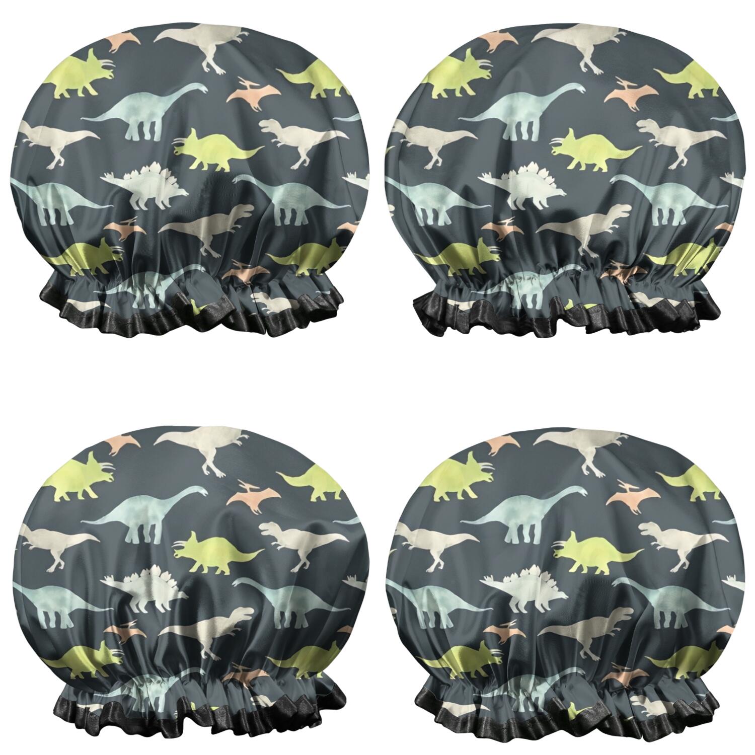 Shower Caps,Dark Watercolor Dinosaur Pattern Waterproof Shower Cap for Women 4 Pieces,Double Reusable Hair Cover for Shower PEVA Elastic Stretch Hem