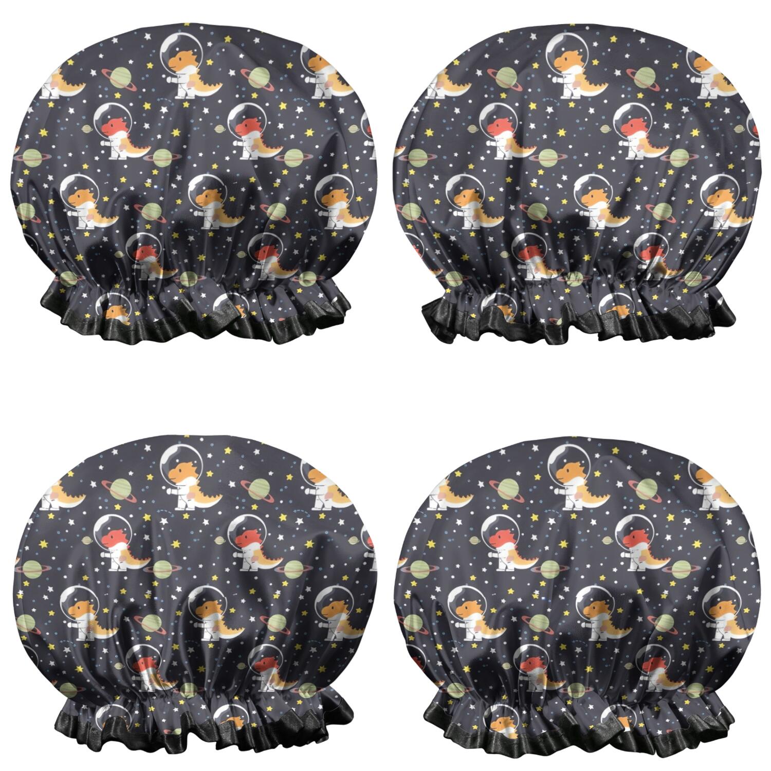 Shower Caps,DarkBlue Cartoon Dinosaurs Astronauts Pattern Waterproof Shower Cap for Women 4 Pieces,Double Reusable Hair Cover for Shower PEVA Elastic Stretch Hem