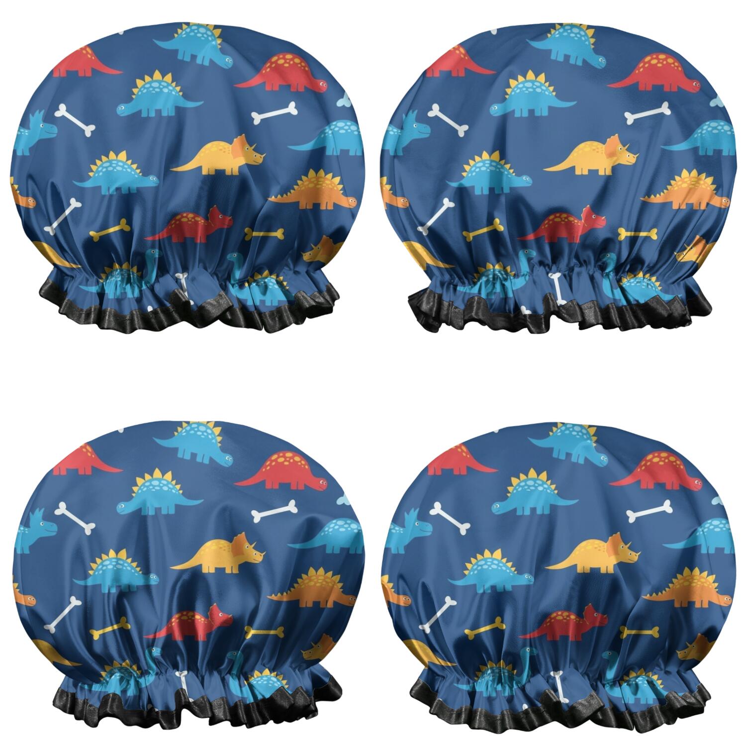 Shower Caps,DarkBlue Cartoon Dinosaurs Bones Pattern Waterproof Shower Cap for Women 4 Pieces,Double Reusable Hair Cover for Shower PEVA Elastic Stretch Hem