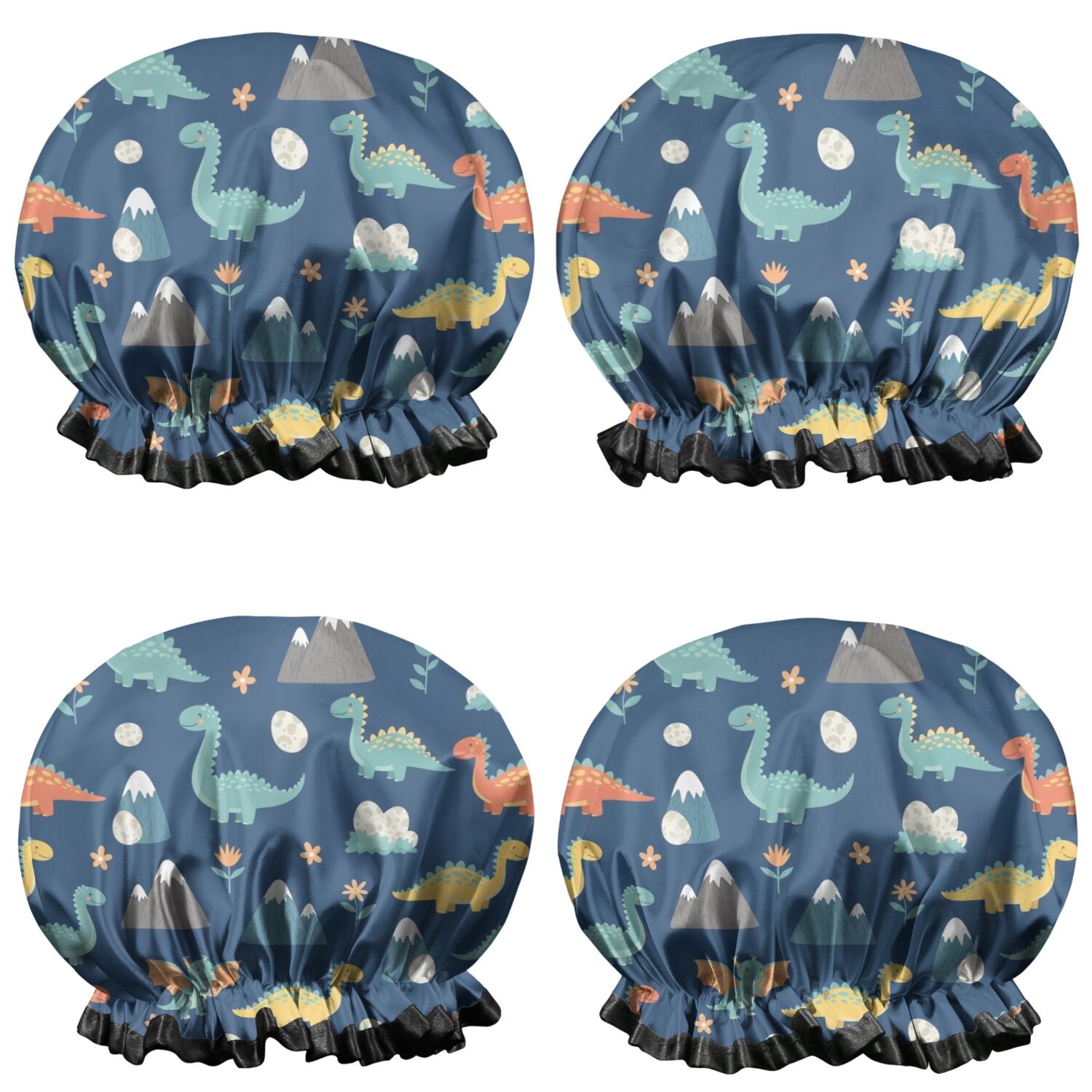 Shower Caps,DarkBlue Cartoon Dinosaurs Mountains Eggs Pattern Waterproof Shower Cap for Women 4 Pieces,Double Reusable Hair Cover for Shower PEVA Elastic Stretch Hem