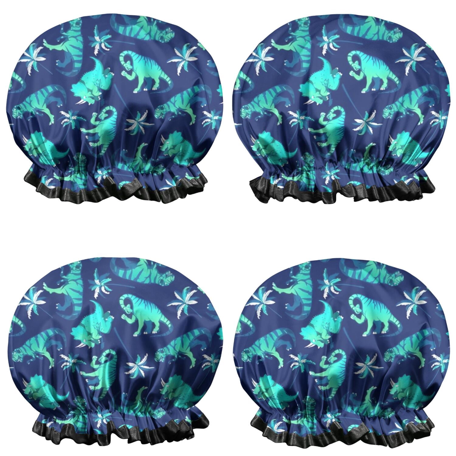 Shower Caps,DarkBlue Cartoon Dinosaurs Palms Pattern Waterproof Shower Cap for Women 4 Pieces,Double Reusable Hair Cover for Shower PEVA Elastic Stretch Hem