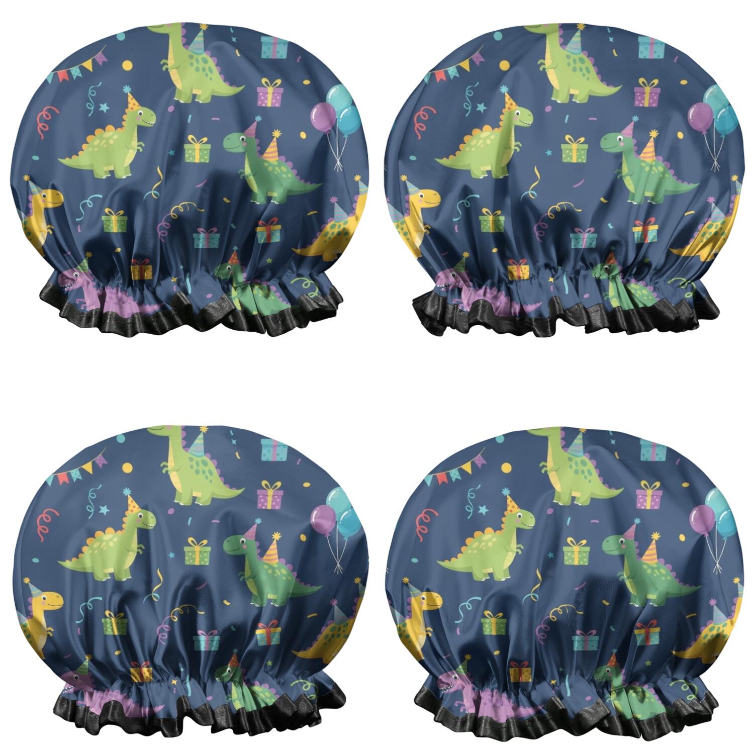 Shower Caps,DarkBlue Cartoon Dinosaurs PartyElements Pattern Waterproof Shower Cap for Women 4 Pieces,Double Reusable Hair Cover for Shower PEVA Elastic Stretch Hem