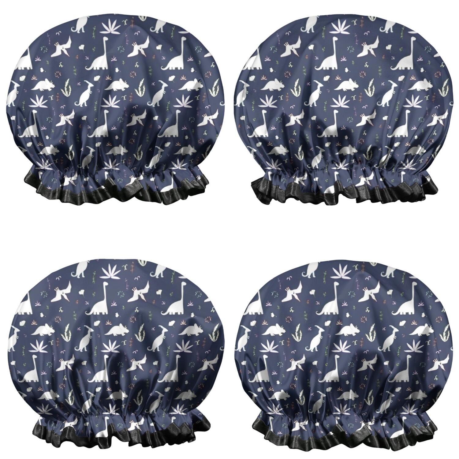 Shower Caps,DarkBlue White Dinosaurs Plants Pattern Waterproof Shower Cap for Women 4 Pieces,Double Reusable Hair Cover for Shower PEVA Elastic Stretch Hem