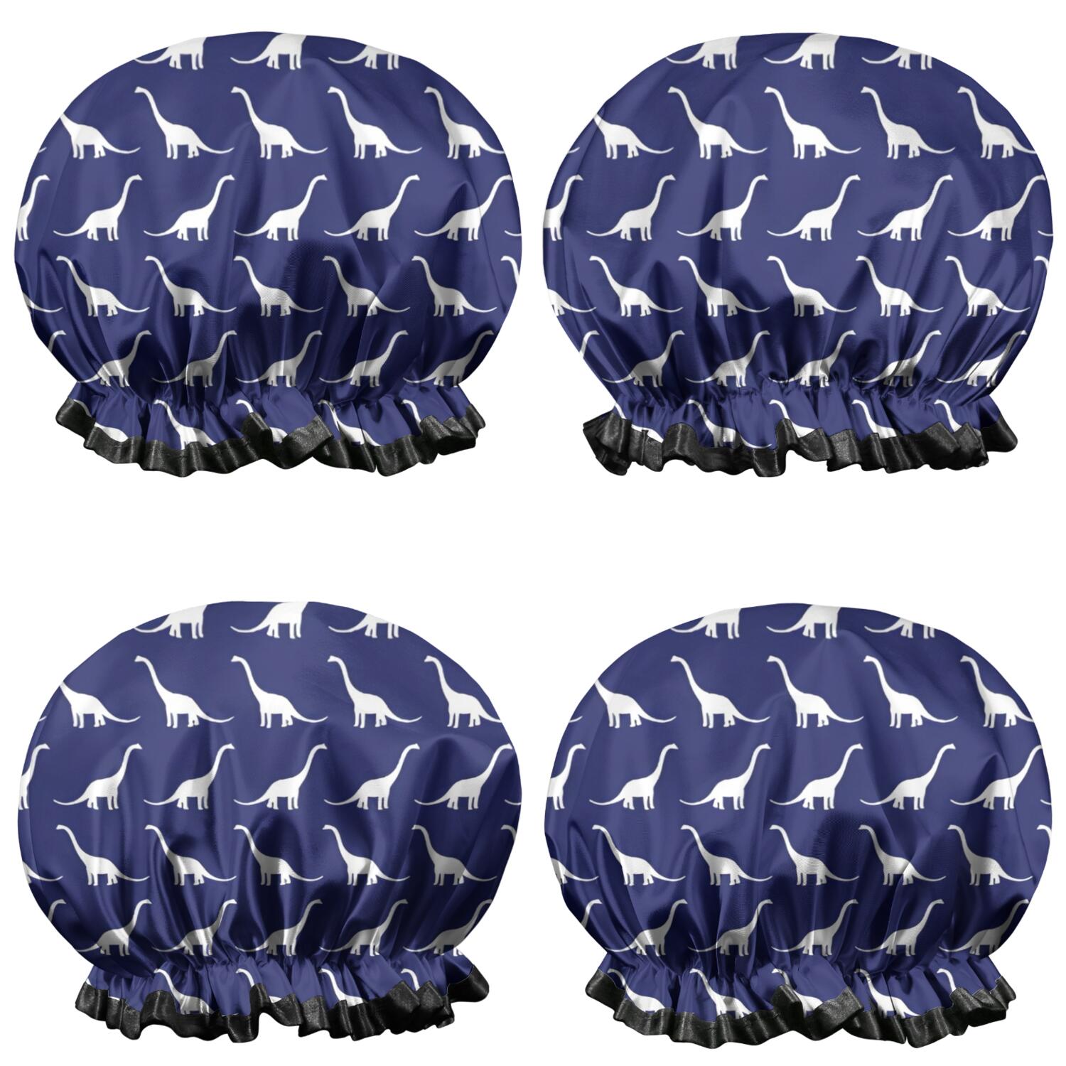 Shower Caps,DarkBlue White Dinosaurs Silhouettes Pattern Waterproof Shower Cap for Women 4 Pieces,Double Reusable Hair Cover for Shower PEVA Elastic Stretch Hem