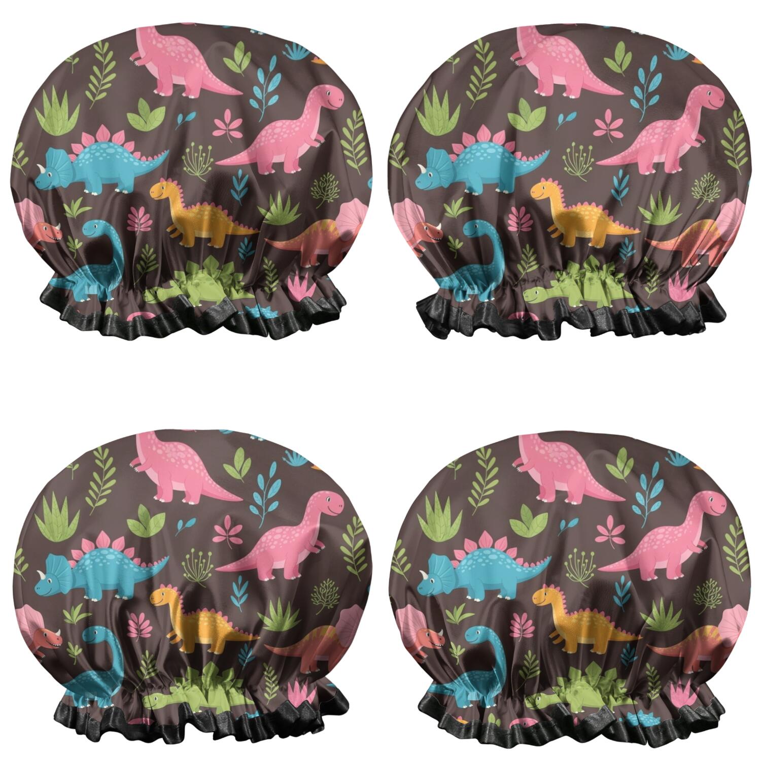Shower Caps,DarkBrown Cartoon Dinosaurs Colorful Plants Pattern Waterproof Shower Cap for Women 4 Pieces,Double Reusable Hair Cover for Shower PEVA Elastic Stretch Hem