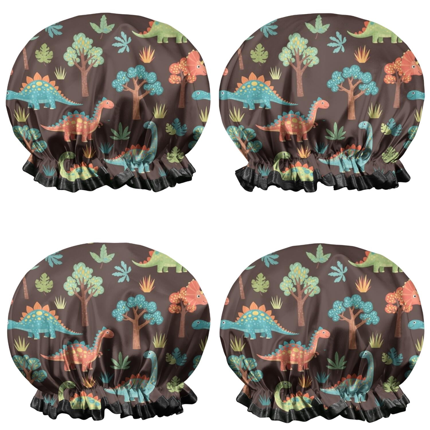 Shower Caps,DarkBrown Cartoon Dinosaurs Forest Pattern Waterproof Shower Cap for Women 4 Pieces,Double Reusable Hair Cover for Shower PEVA Elastic Stretch Hem
