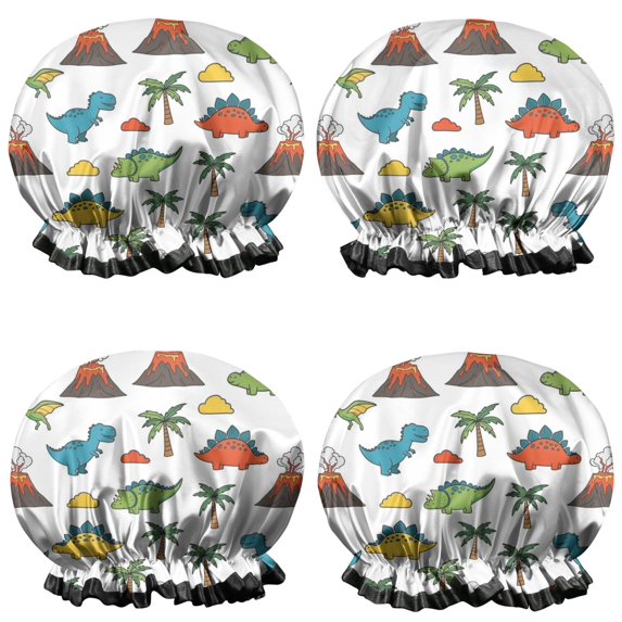 Shower Caps,Dinosaurs Volcano Palm White Pattern Waterproof Shower Cap for Women 4 Pieces,Double Reusable Hair Cover for Shower PEVA Elastic Stretch Hem