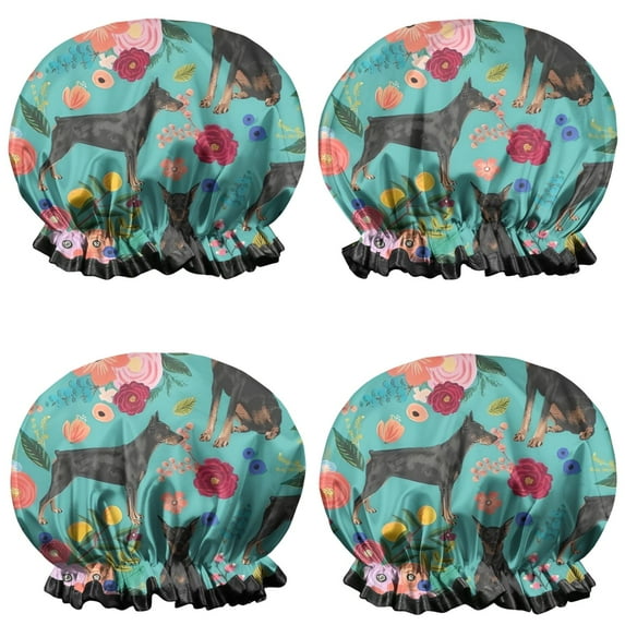 Shower Caps,Doberman Dog Pattern with Pioneer Flower Waterproof Shower Cap for Women 4 Pieces,Double Reusable Hair Cover for Shower PEVA Elastic Stretch Hem