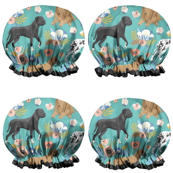Shower Caps,Dog Pattern with Pioneer Flower Background Waterproof Shower Cap for Women 4 Pieces,Double Reusable Hair Cover for Shower PEVA Elastic Stretch Hem