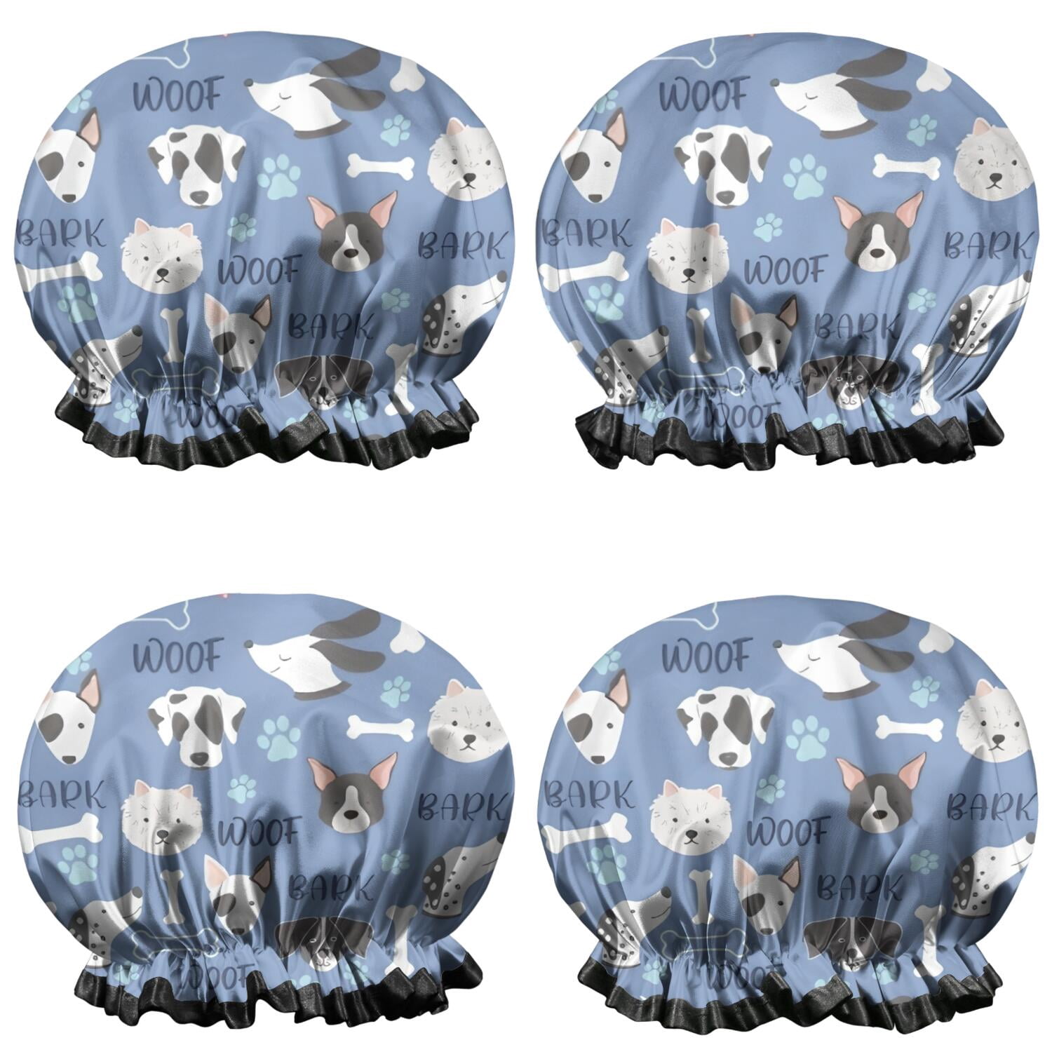 Shower Caps,Dog with Woof and Bark Waterproof Shower Cap for Women 4 Pieces,Double Reusable Hair Cover for Shower PEVA Elastic Stretch Hem