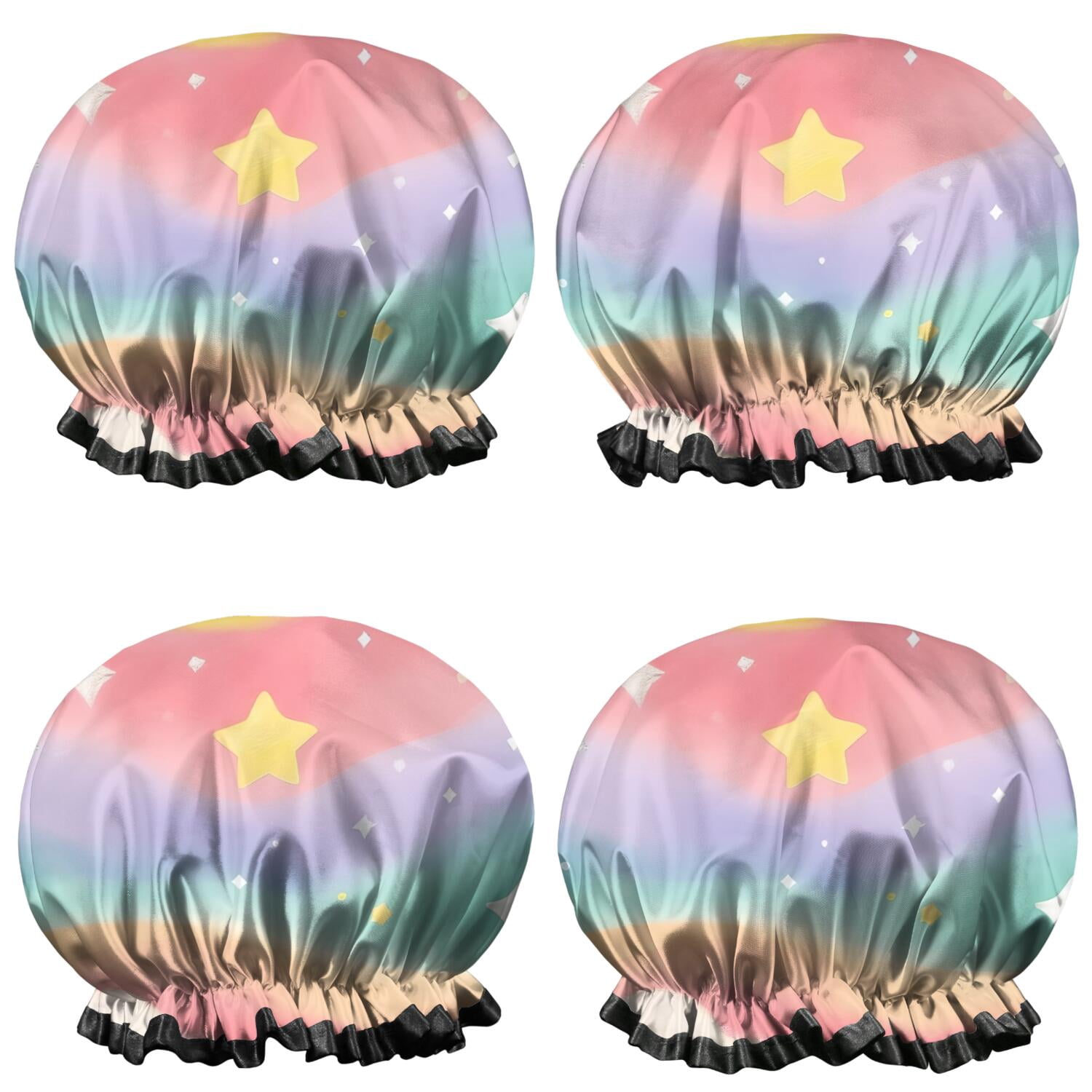 Shower Caps,Dreamy Pastel Wave Pattern Waterproof Shower Cap for Women 4 Pieces,Double Reusable Hair Cover for Shower PEVA Elastic Stretch Hem