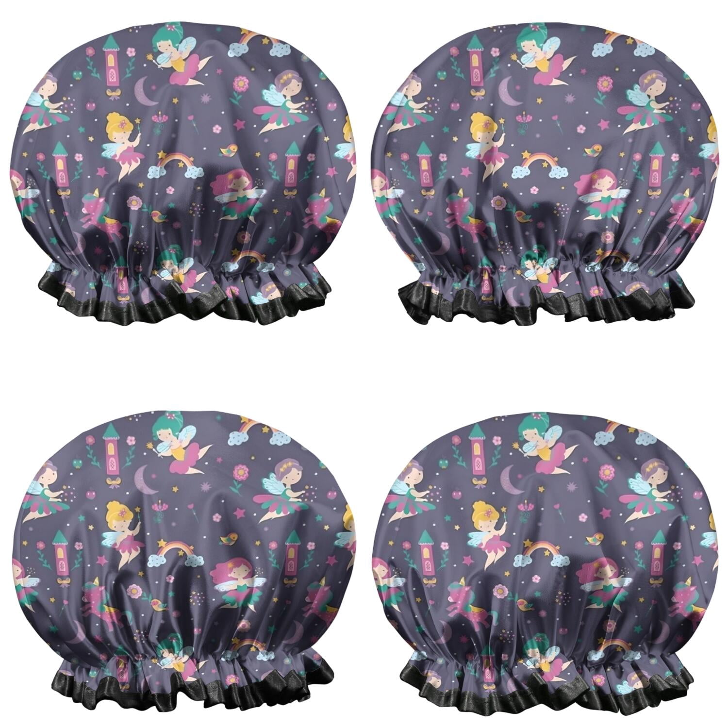Shower Caps,Fairy Princess Magic Pattern Waterproof Shower Cap for Women 4 Pieces,Double Reusable Hair Cover for Shower PEVA Elastic Stretch Hem