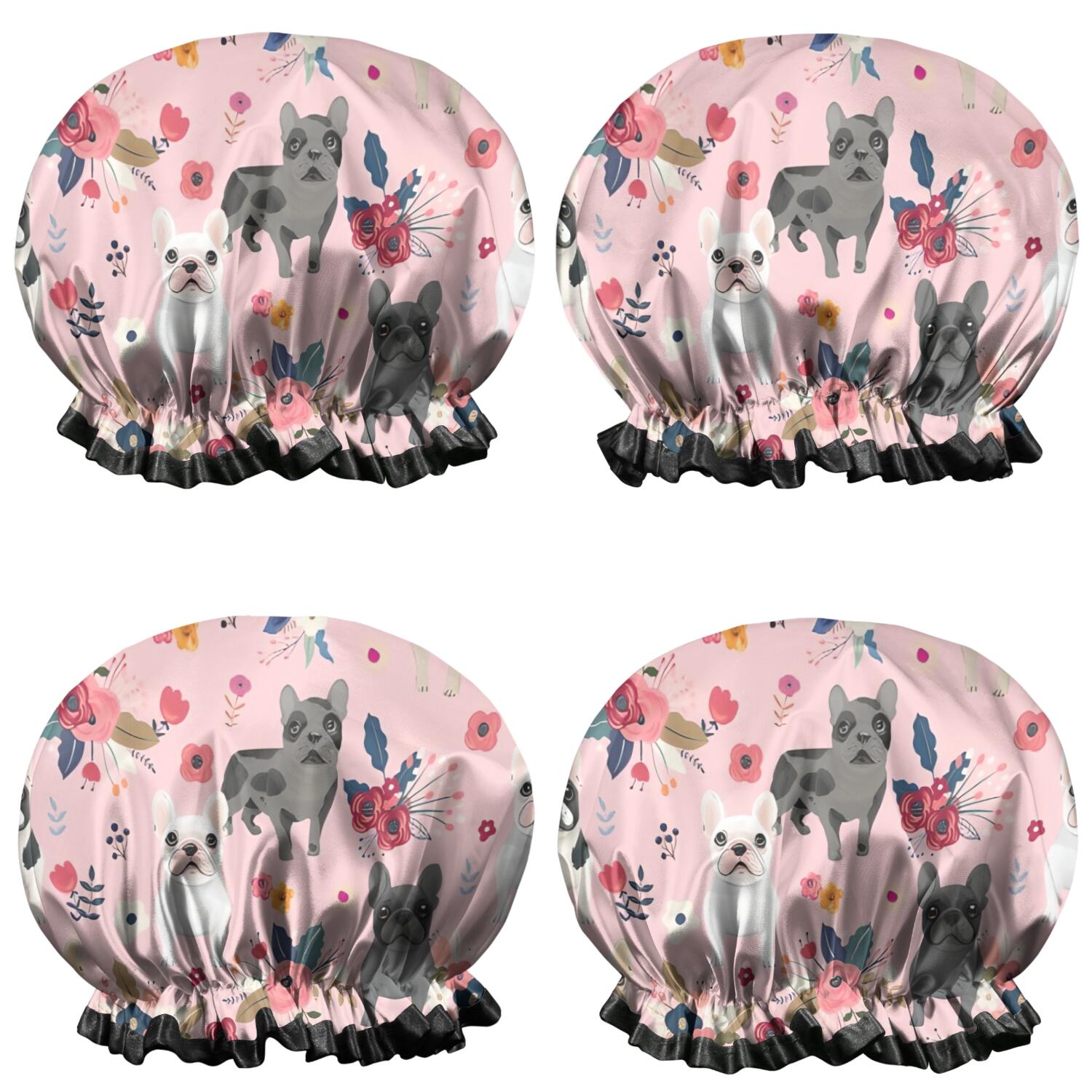 Shower Caps,French Bulldog Dog Pattern with Pioneer Flower Waterproof Shower Cap for Women 4 Pieces,Double Reusable Hair Cover for Shower PEVA Elastic Stretch Hem