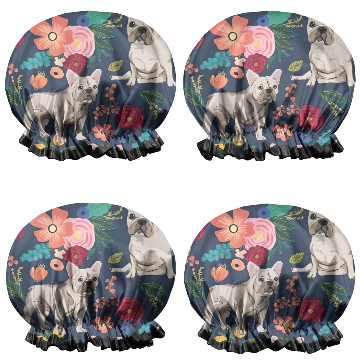 Shower Caps,French Bulldog Dog and Pioneer Flower Waterproof Shower Cap for Women 4 Pieces,Double Reusable Hair Cover for Shower PEVA Elastic Stretch Hem