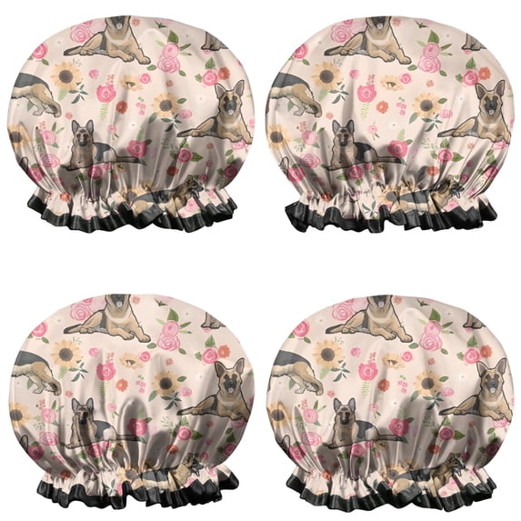 Shower Caps,German Shepherd Dog and Flower Waterproof Shower Cap for Women 4 Pieces,Double Reusable Hair Cover for Shower PEVA Elastic Stretch Hem