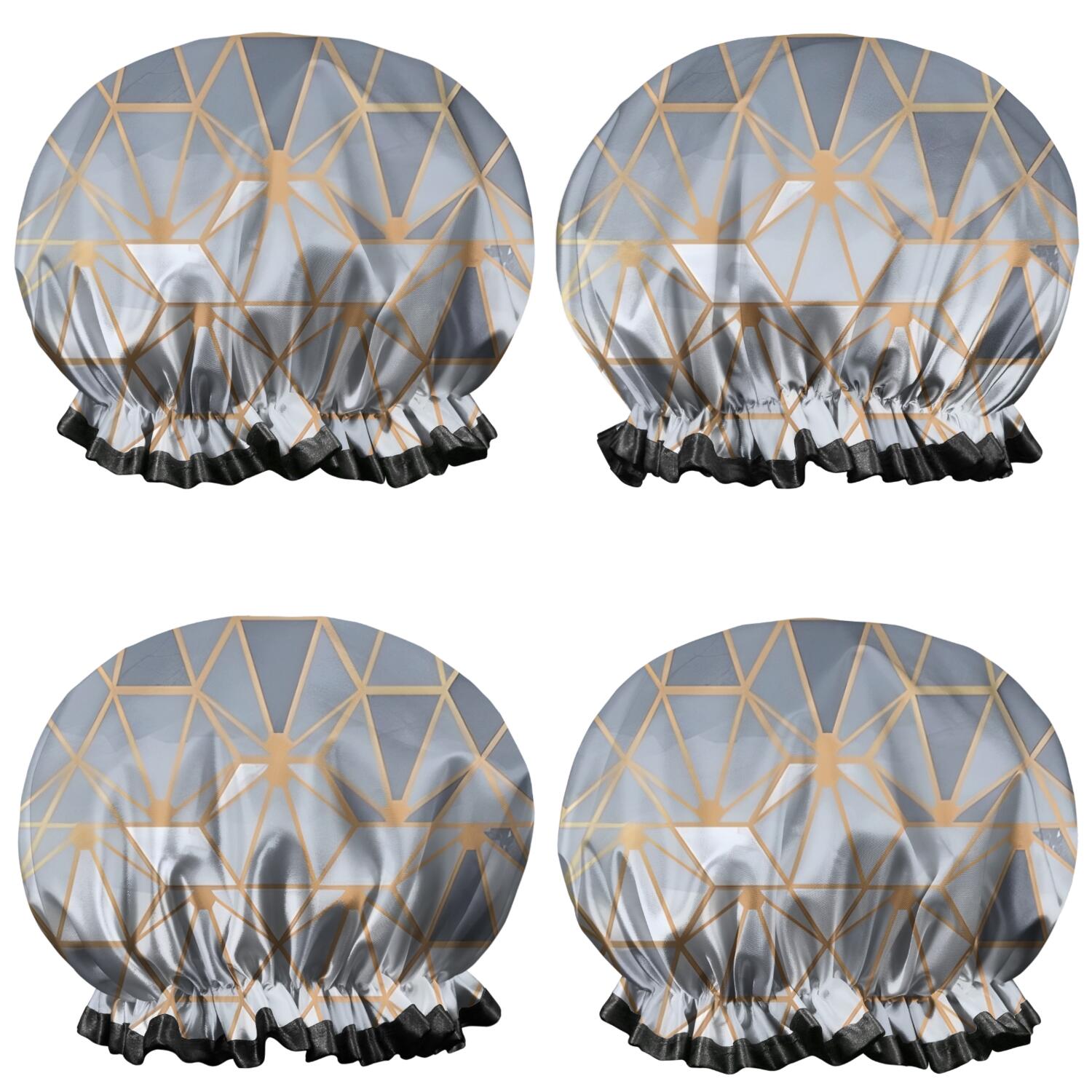 Shower Caps,Gold Black Checkered Pattern Waterproof Shower Cap for Women 4 Pieces,Double Reusable Hair Cover for Shower PEVA Elastic Stretch Hem