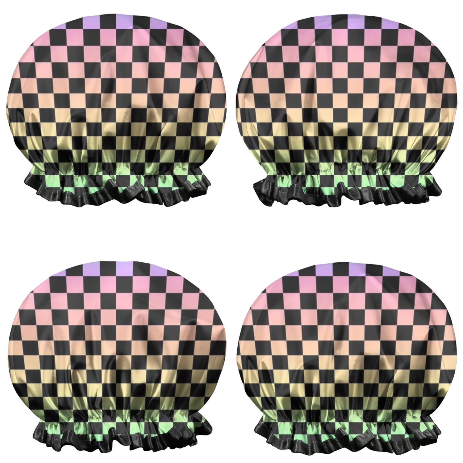 Shower Caps,Gradient Color Checkered Pattern Waterproof Shower Cap for Women 4 Pieces,Double Reusable Hair Cover for Shower PEVA Elastic Stretch Hem