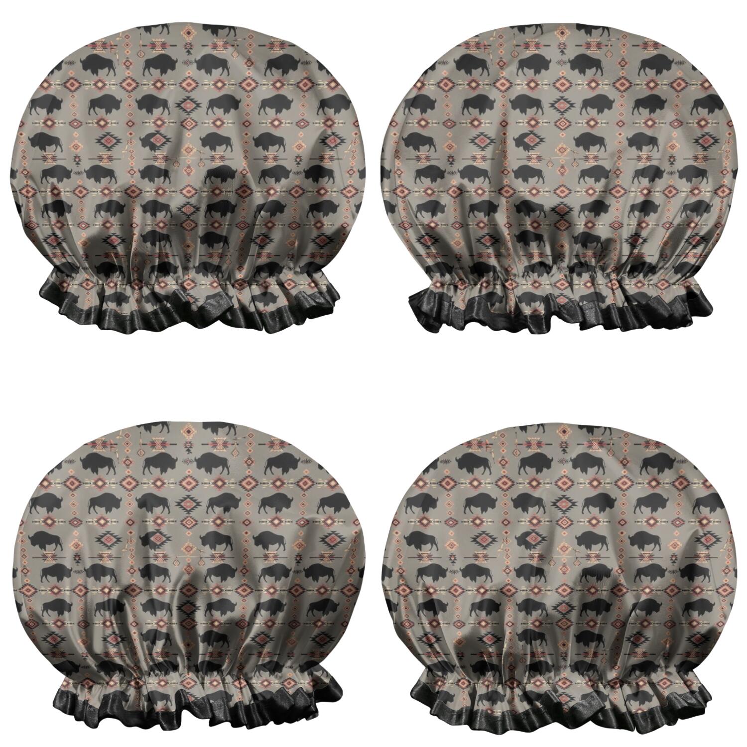 Shower Caps,Gray Buffalo Geometric Pattern Waterproof Shower Cap for Women 4 Pieces,Double Reusable Hair Cover for Shower PEVA Elastic Stretch Hem