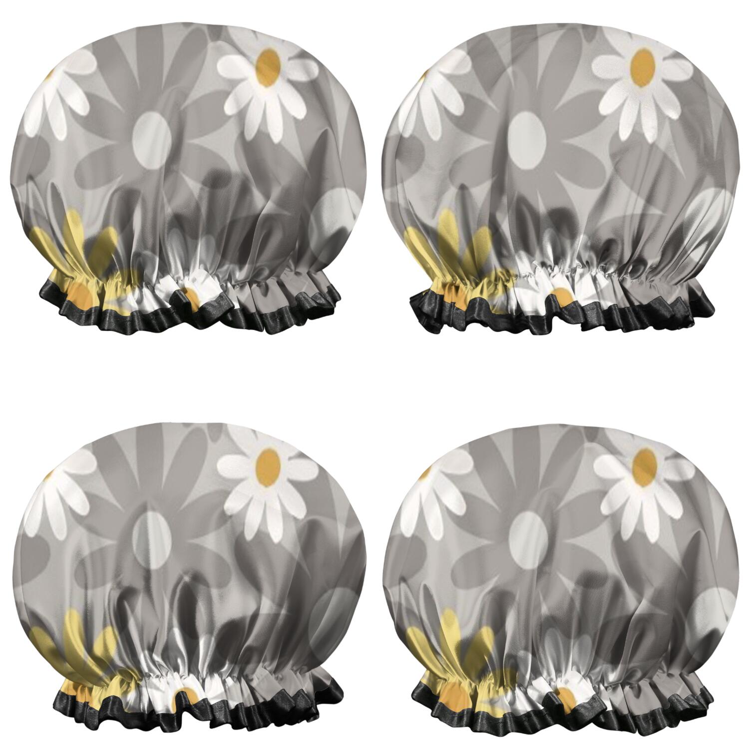 Shower Caps,Gray Daisy Flower Yellow Blooms Pattern Waterproof Shower Cap for Women 4 Pieces,Double Reusable Hair Cover for Shower PEVA Elastic Stretch Hem
