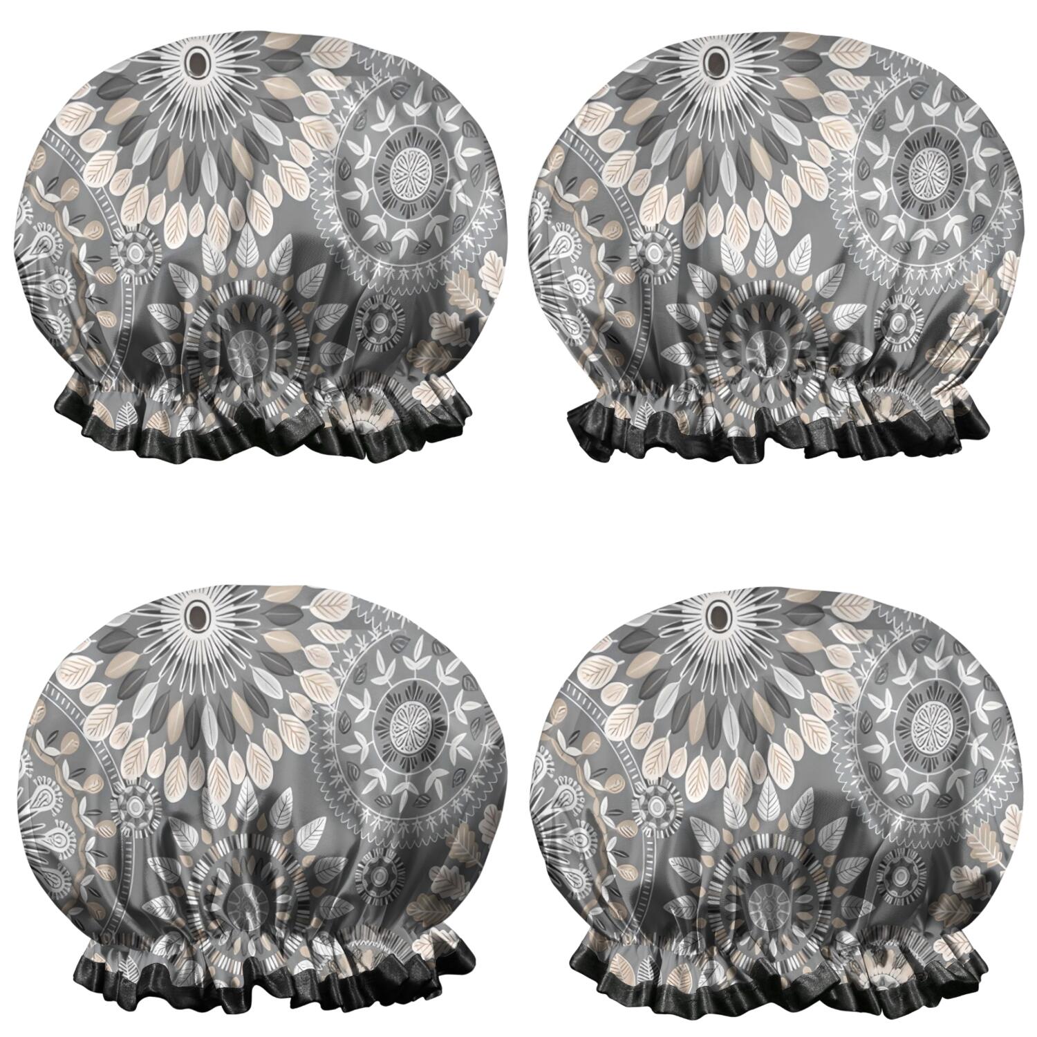 Shower Caps,Gray Floral Mandala and Leaf Pattern Waterproof Shower Cap for Women 4 Pieces,Double Reusable Hair Cover for Shower PEVA Elastic Stretch Hem