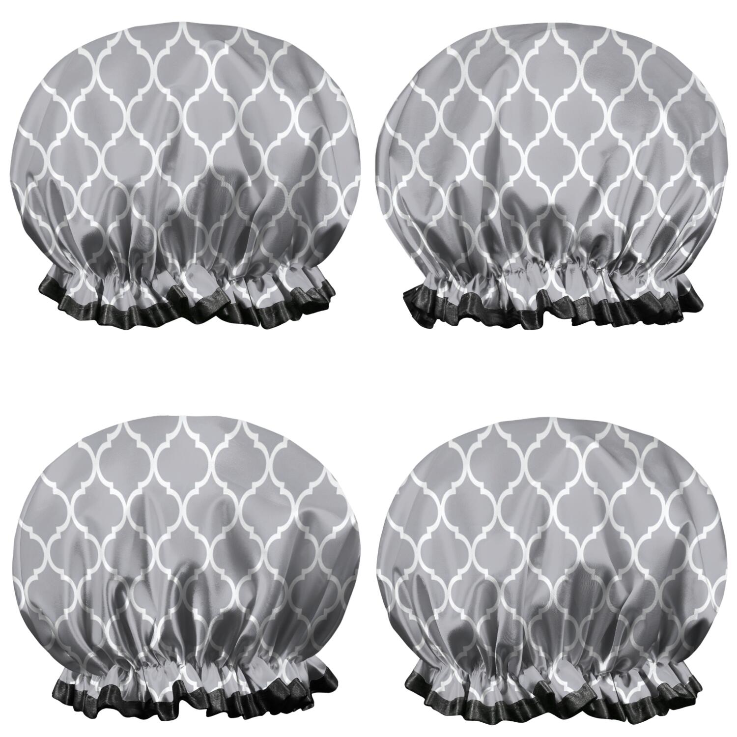 Shower Caps,Gray Geometric Quatrefoil Pattern Waterproof Shower Cap for Women 4 Pieces,Double Reusable Hair Cover for Shower PEVA Elastic Stretch Hem