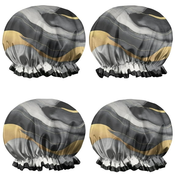 Shower Caps,Gray and Gold Marble Golden Lines Pattern Waterproof Shower Cap for Women 4 Pieces,Double Reusable Hair Cover for Shower PEVA Elastic Stretch Hem