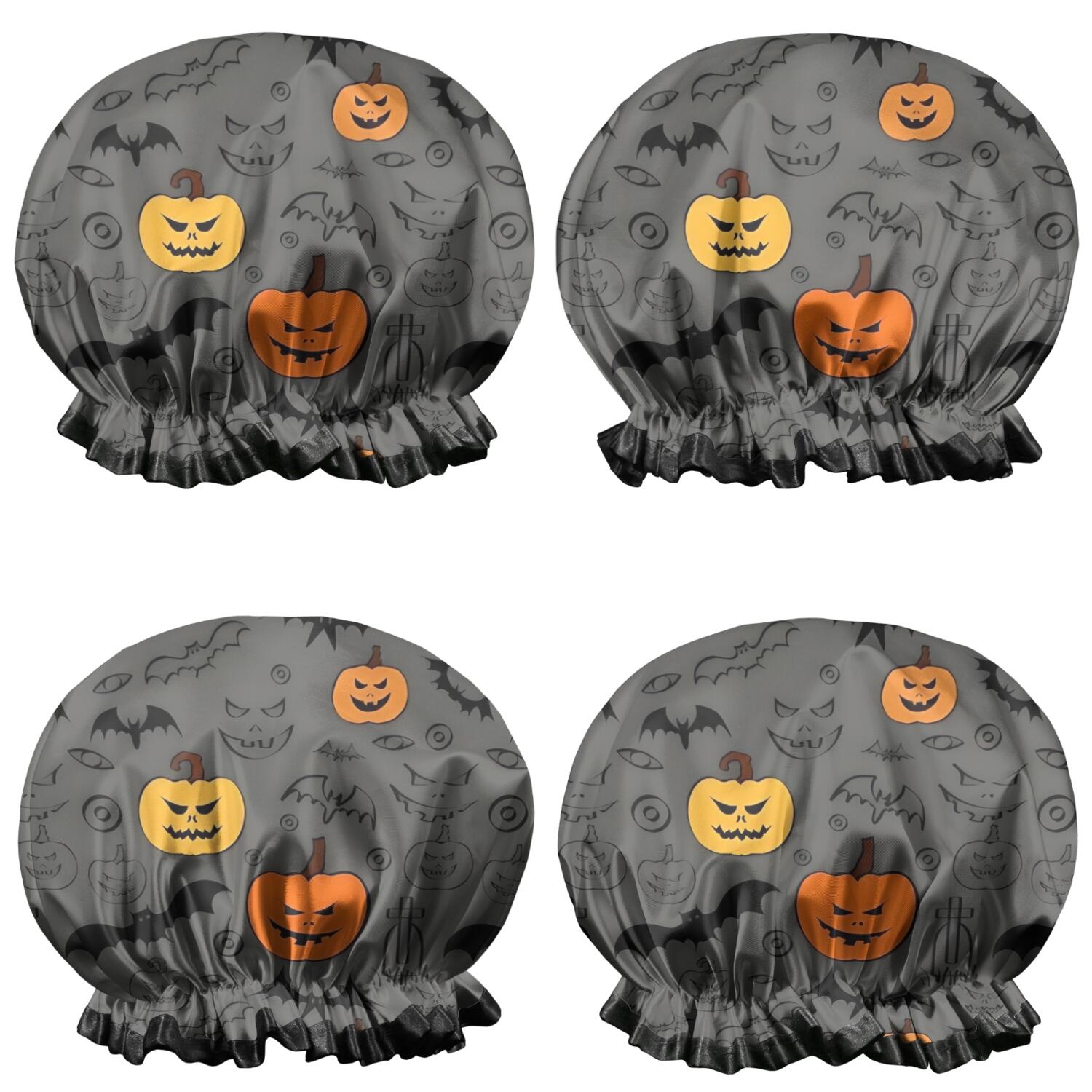 Shower Caps,Gray Halloween Pumpkins Bats and Faces Waterproof Shower Cap for Women 4 Pieces,Double Reusable Hair Cover for Shower PEVA Elastic Stretch Hem