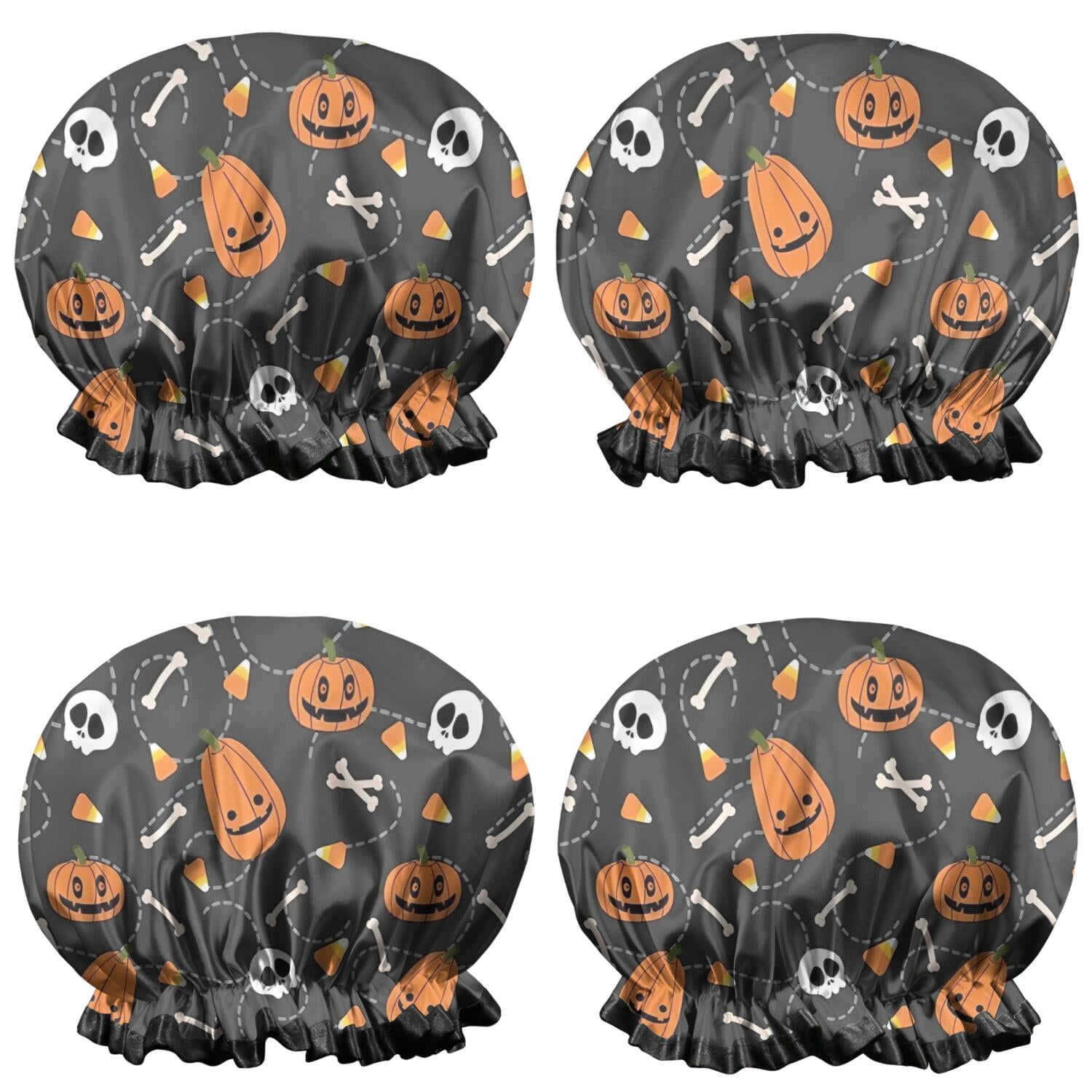 Shower Caps,Gray Halloween Pumpkins Skulls and Bones Waterproof Shower Cap for Women 4 Pieces,Double Reusable Hair Cover for Shower PEVA Elastic Stretch Hem
