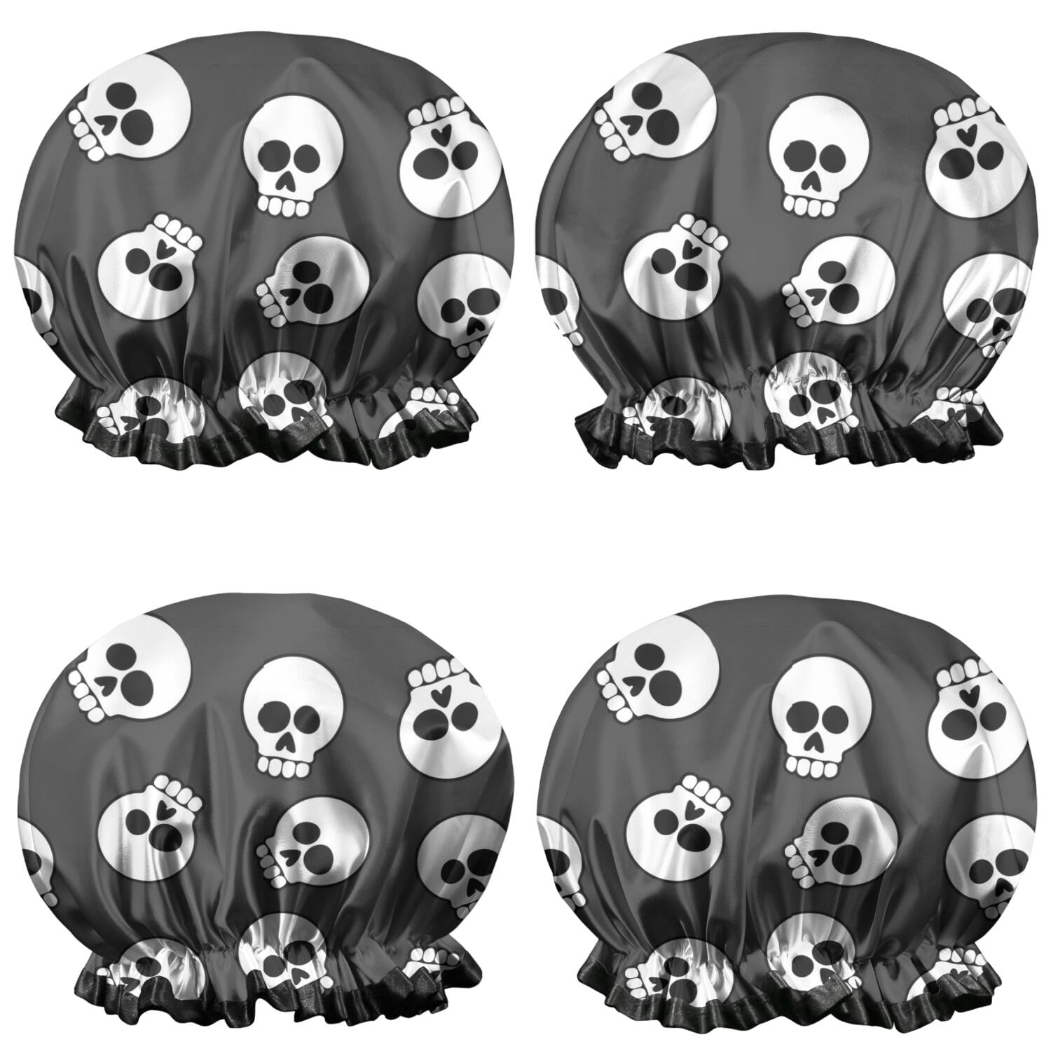 Shower Caps,Gray Halloween Skulls Waterproof Shower Cap for Women 4 Pieces,Double Reusable Hair Cover for Shower PEVA Elastic Stretch Hem