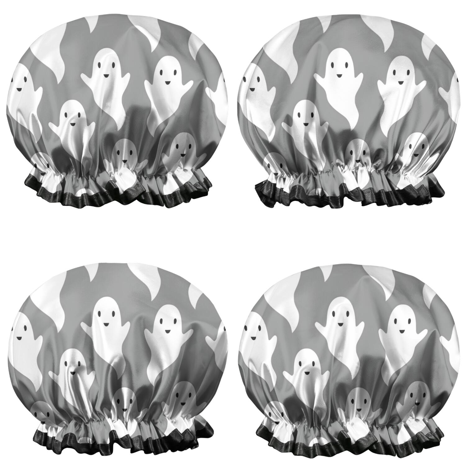 Shower Caps,Gray Halloween White Ghosts Waterproof Shower Cap for Women 4 Pieces,Double Reusable Hair Cover for Shower PEVA Elastic Stretch Hem