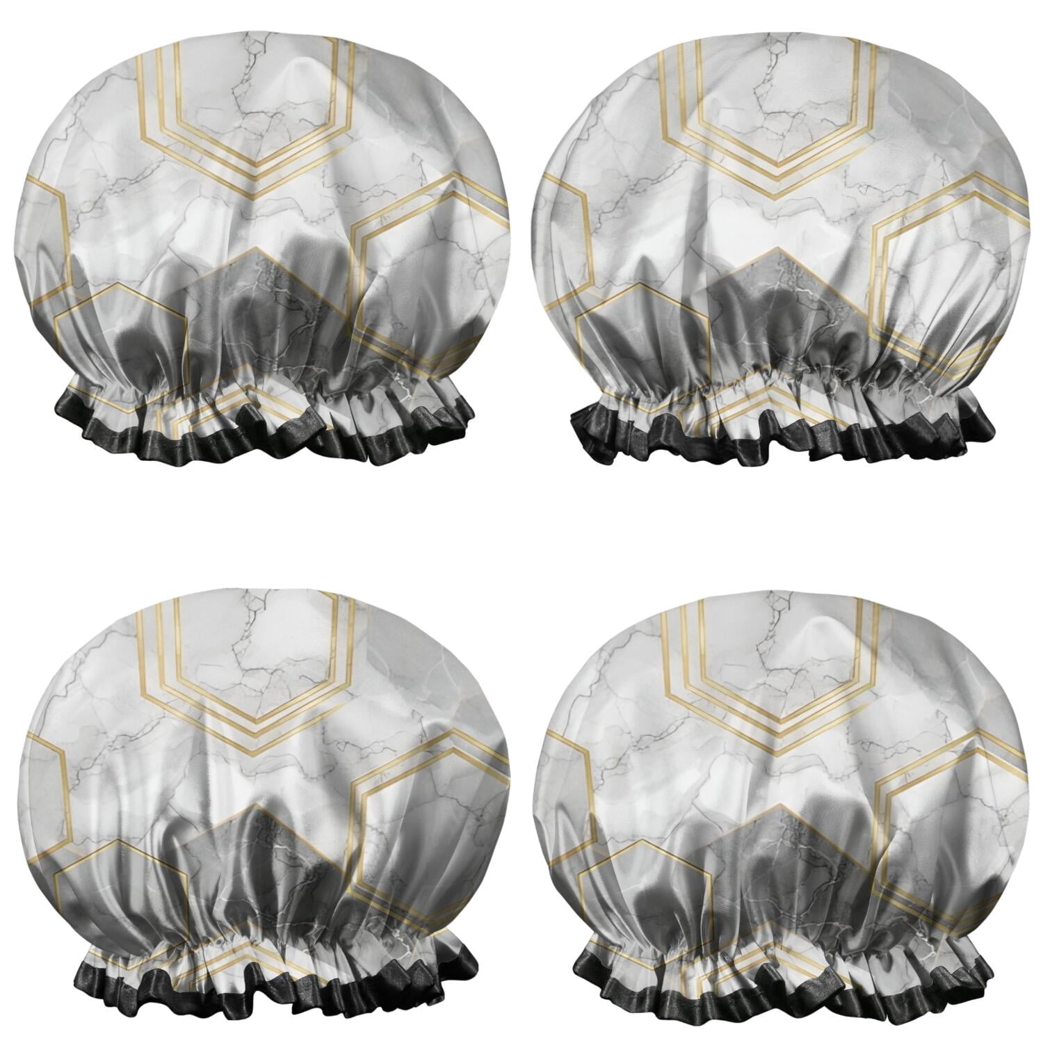 Shower Caps,Gray Marble Gold Hexagon Pattern Waterproof Shower Cap for Women 4 Pieces,Double Reusable Hair Cover for Shower PEVA Elastic Stretch Hem