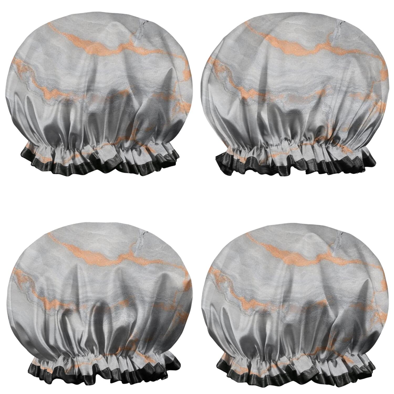 Shower Caps,Gray Orange Marble Pattern Waterproof Shower Cap for Women 4 Pieces,Double Reusable Hair Cover for Shower PEVA Elastic Stretch Hem