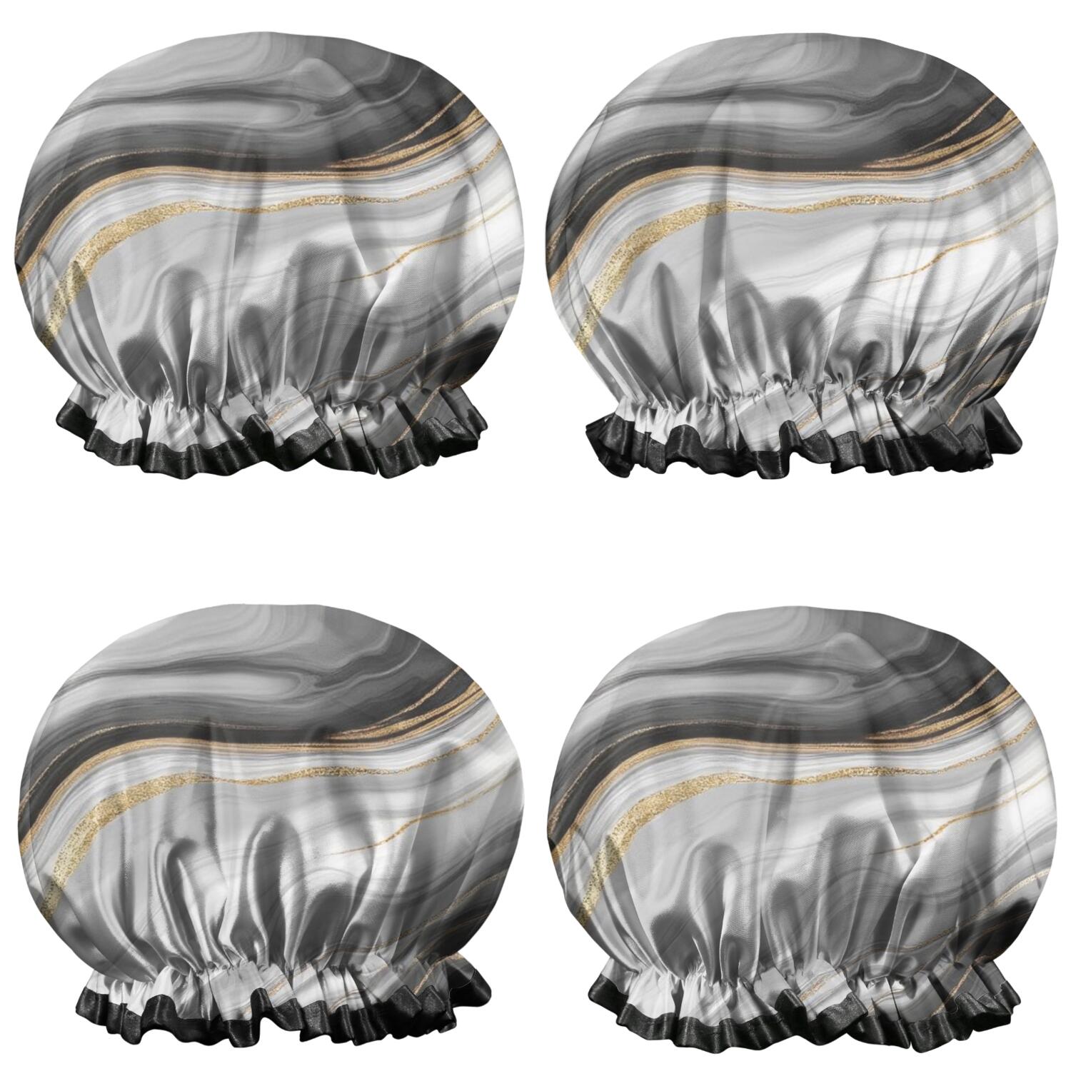 Shower Caps,Gray White Marble Gold Wave Pattern Waterproof Shower Cap for Women 4 Pieces,Double Reusable Hair Cover for Shower PEVA Elastic Stretch Hem