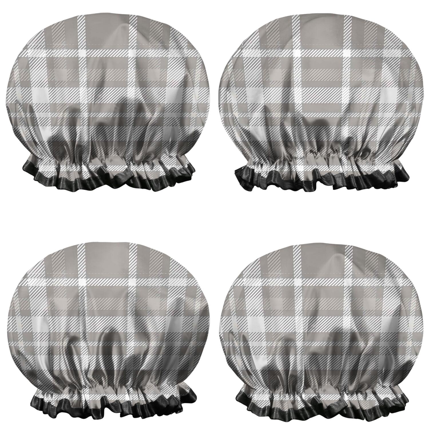 Shower Caps,Gray White Plaid Checkered Pattern Waterproof Shower Cap for Women 4 Pieces,Double Reusable Hair Cover for Shower PEVA Elastic Stretch Hem