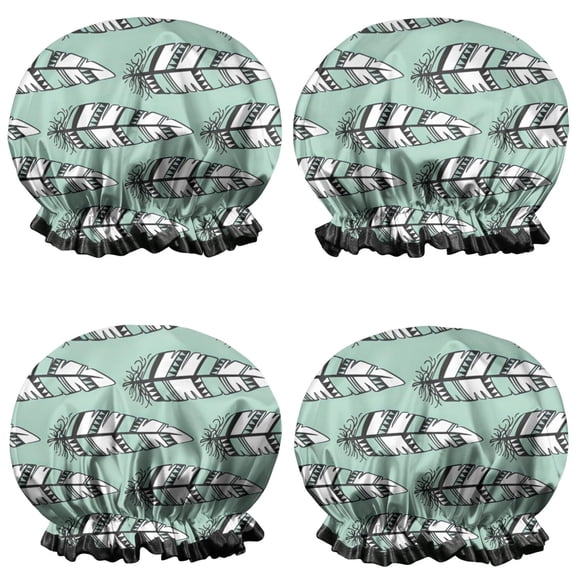 Shower Caps,Green - Based Black and White Geometric Feather Pattern Waterproof Shower Cap for Women 4 Pieces,Double Reusable Hair Cover for Shower PEVA Elastic Stretch Hem