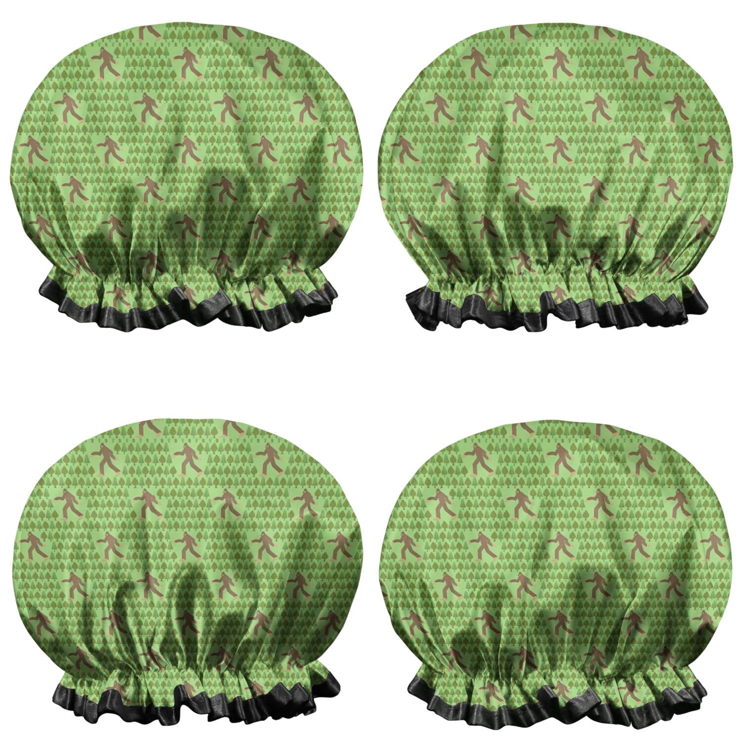 Shower Caps,Green Bigfoot Pattern Waterproof Shower Cap for Women 4 Pieces,Double Reusable Hair Cover for Shower PEVA Elastic Stretch Hem