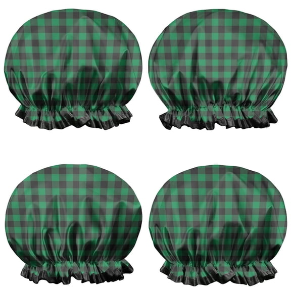 Shower Caps,Green Black Checkerboard Checkered Pattern Waterproof Shower Cap for Women 4 Pieces,Double Reusable Hair Cover for Shower PEVA Elastic Stretch Hem