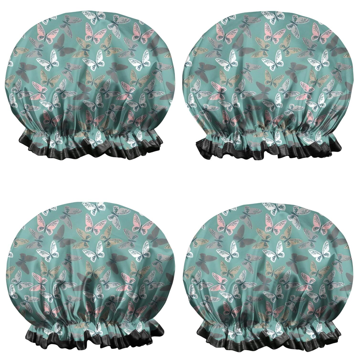 Shower Caps,Green Butterfly Pattern Waterproof Shower Cap for Women 4 Pieces,Double Reusable Hair Cover for Shower PEVA Elastic Stretch Hem