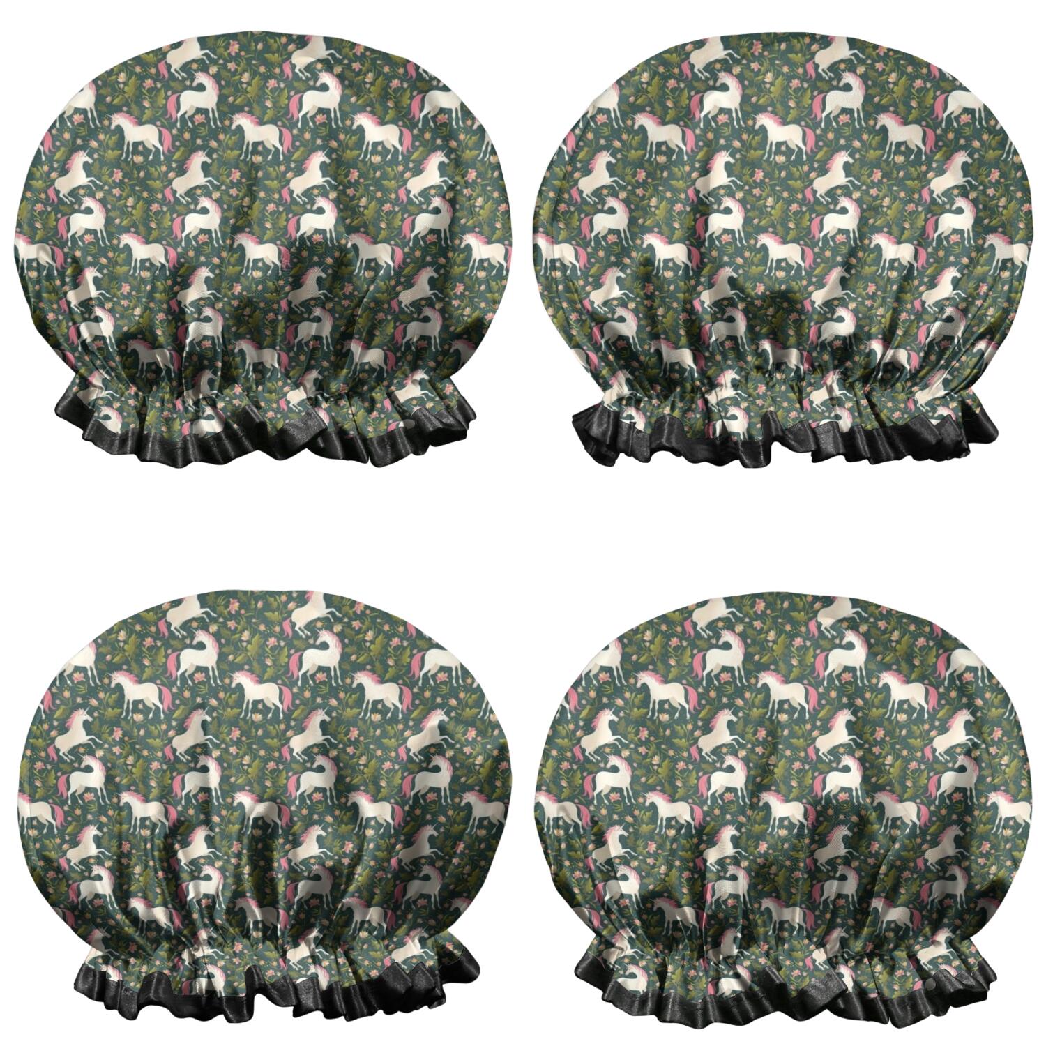 Shower Caps,Green Cartoon Unicorn Floral Pattern Waterproof Shower Cap for Women 4 Pieces,Double Reusable Hair Cover for Shower PEVA Elastic Stretch Hem
