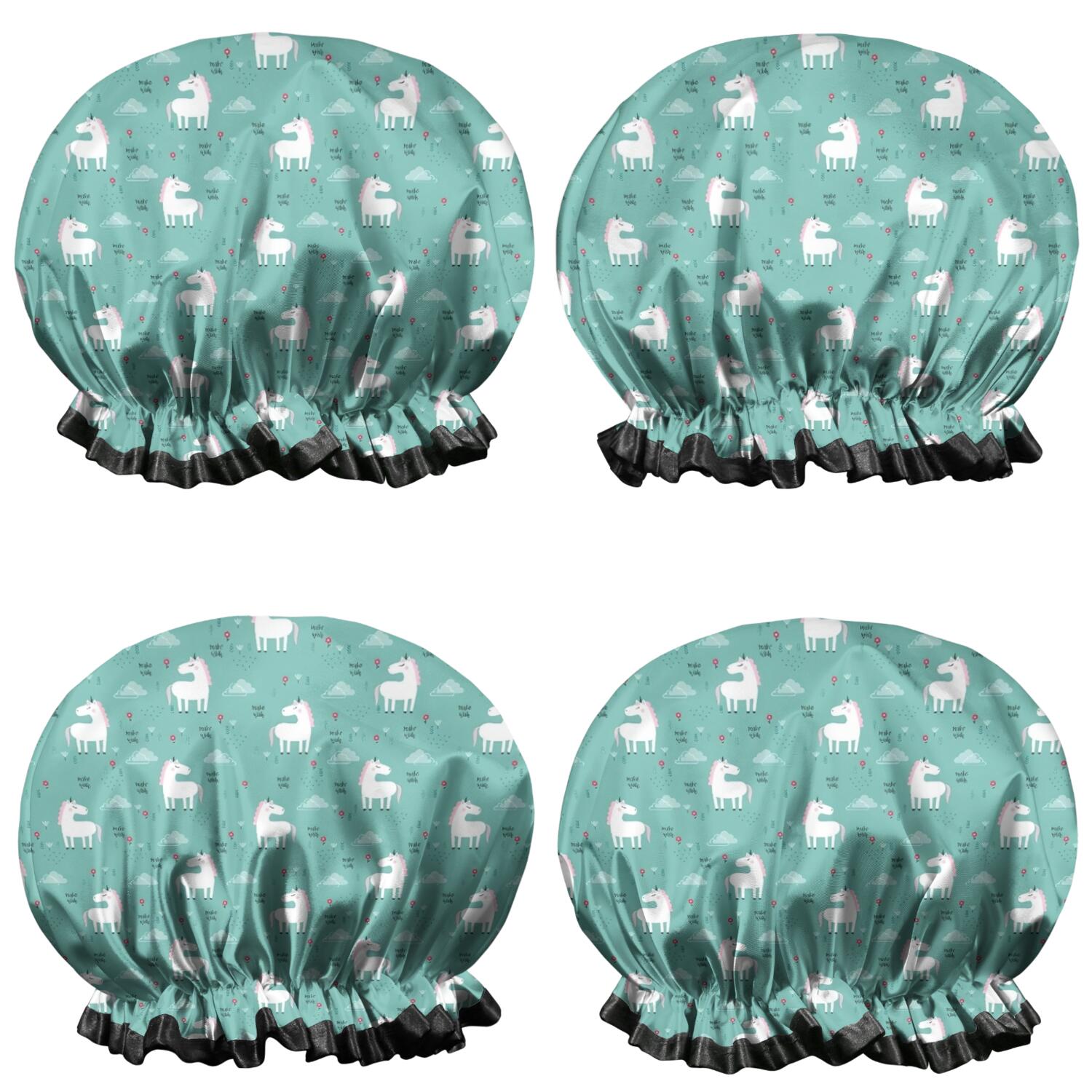 Shower Caps,Green Cartoon Unicorn Pattern Waterproof Shower Cap for Women 4 Pieces,Double Reusable Hair Cover for Shower PEVA Elastic Stretch Hem