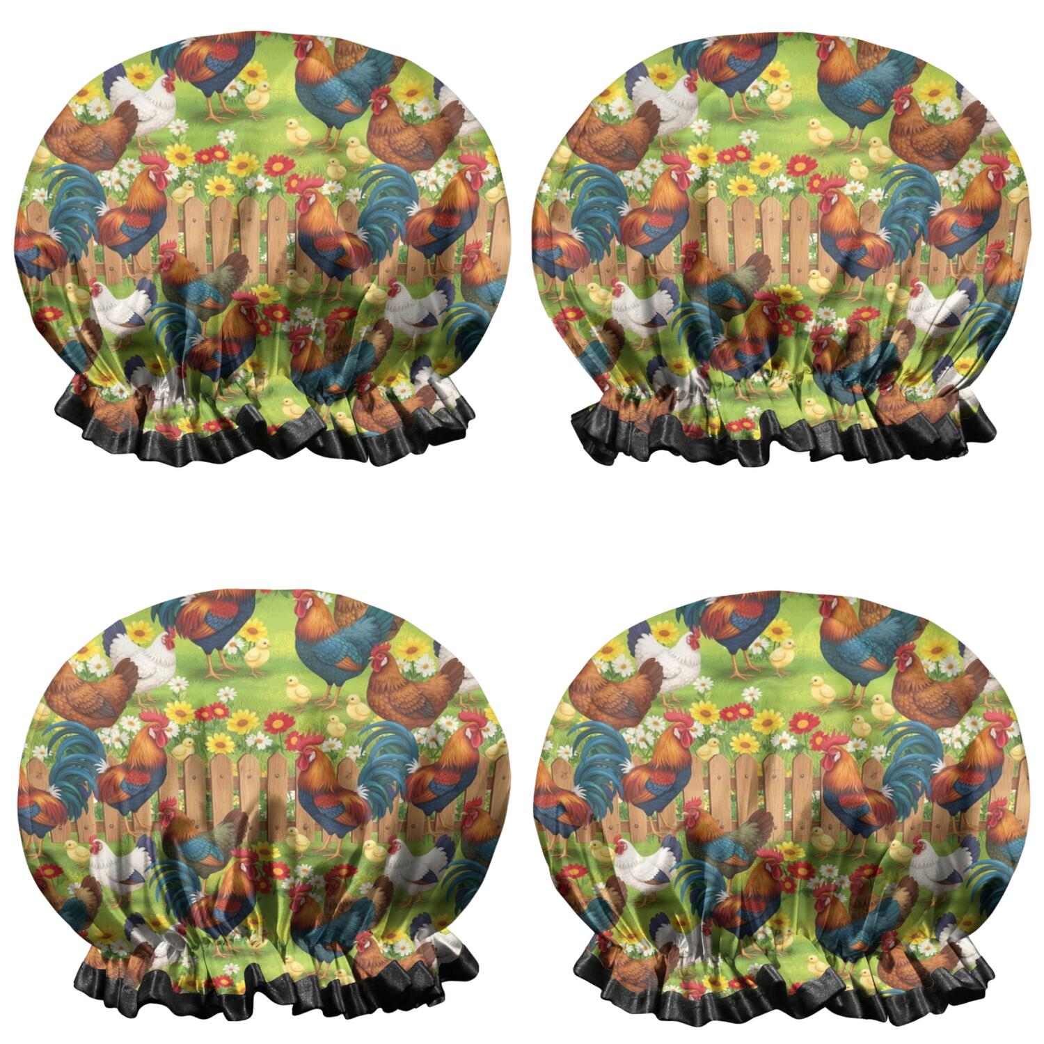 Shower Caps,Green Chicken Farm Pattern Waterproof Shower Cap for Women 4 Pieces,Double Reusable Hair Cover for Shower PEVA Elastic Stretch Hem