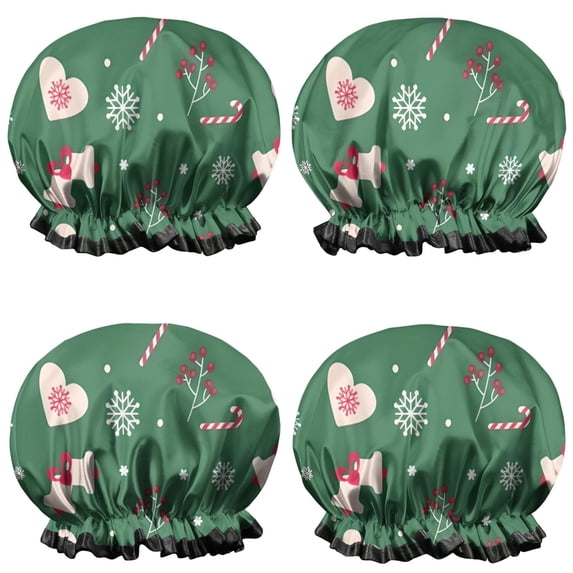 Shower Caps,Green Christmas Pattern Waterproof Shower Cap for Women 4 Pieces,Double Reusable Hair Cover for Shower PEVA Elastic Stretch Hem