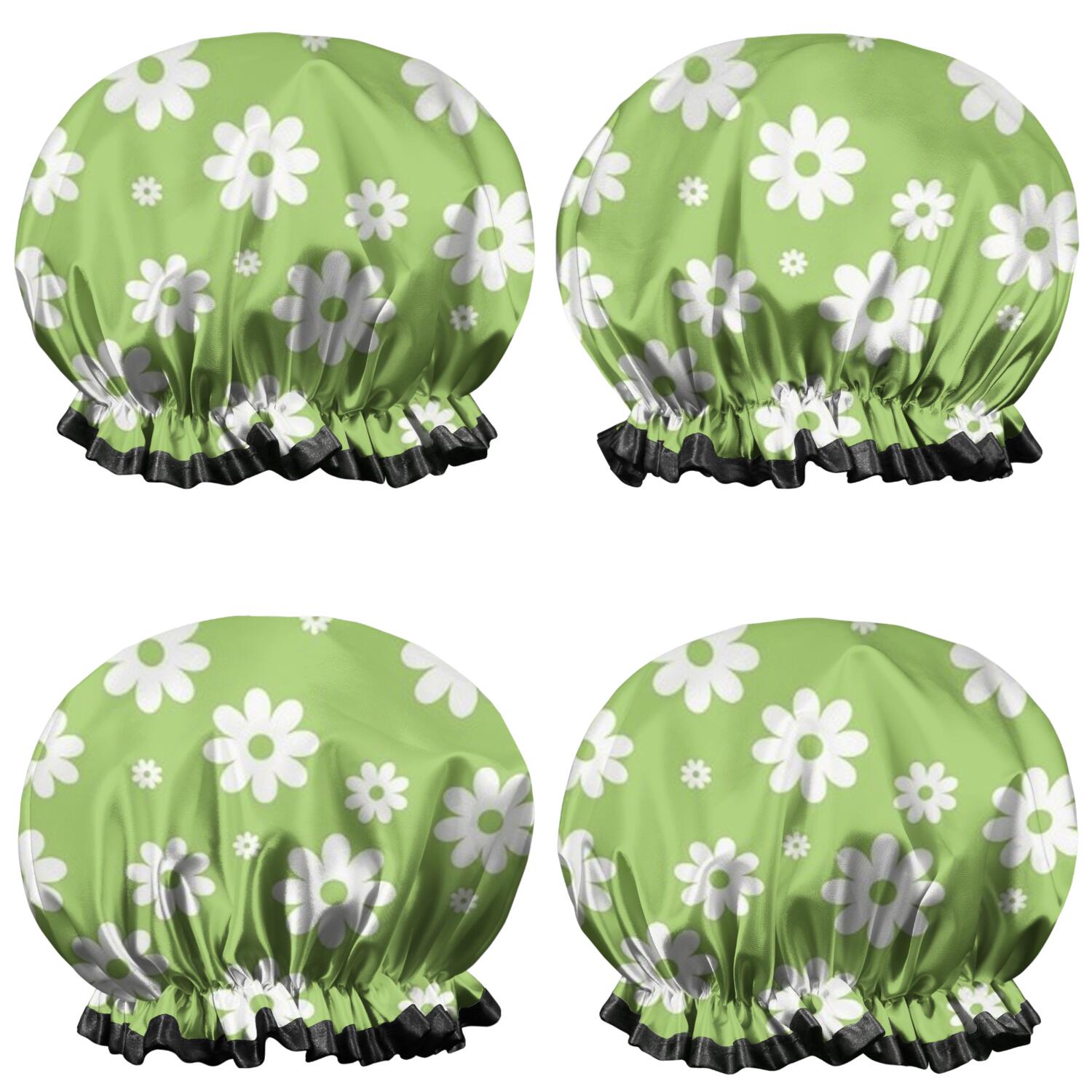 Shower Caps,Green Daisy Flower White Blooms Pattern Waterproof Shower Cap for Women 4 Pieces,Double Reusable Hair Cover for Shower PEVA Elastic Stretch Hem