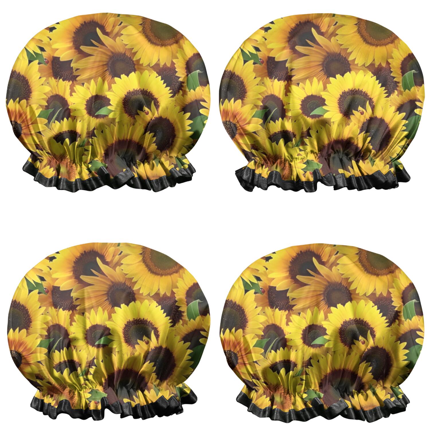 Shower Caps,Green Leaf Sunflower Pattern Waterproof Shower Cap for Women 4 Pieces,Double Reusable Hair Cover for Shower PEVA Elastic Stretch Hem